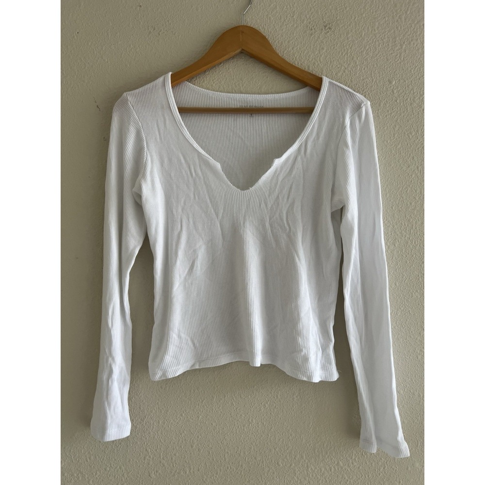 Year Of Ours White Sheer Ribbed Top Small Thermal Notch Long Sleeve Minimalist